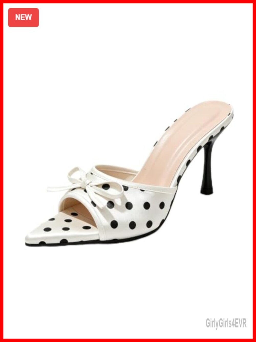 Polka Dot Satin Bow Pointed Toe Kitten Heel Slip On Mule Sandals